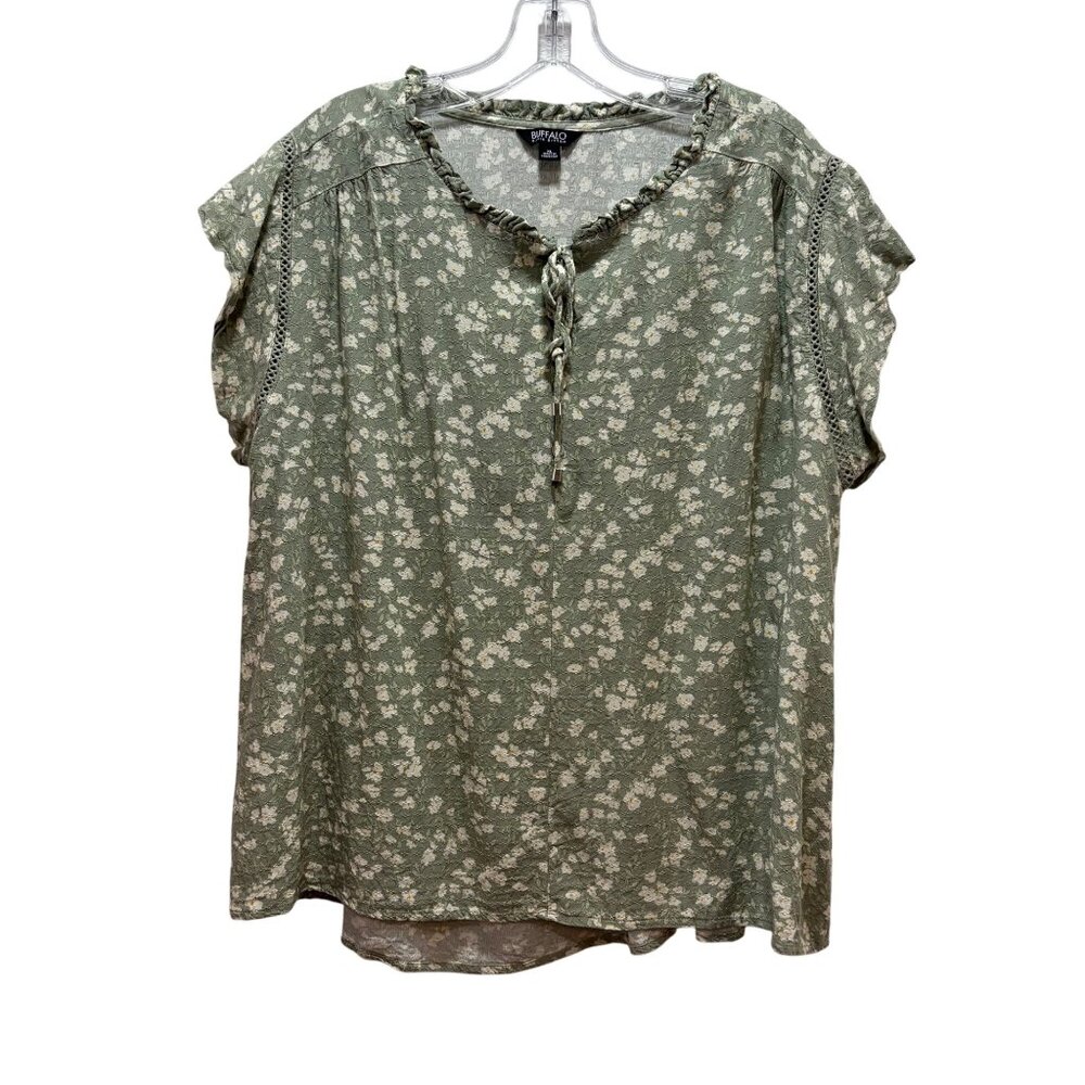 Buffalo David Bitton Womens XL Green‎ Floral Lace-Up Top Ruffled Neckline